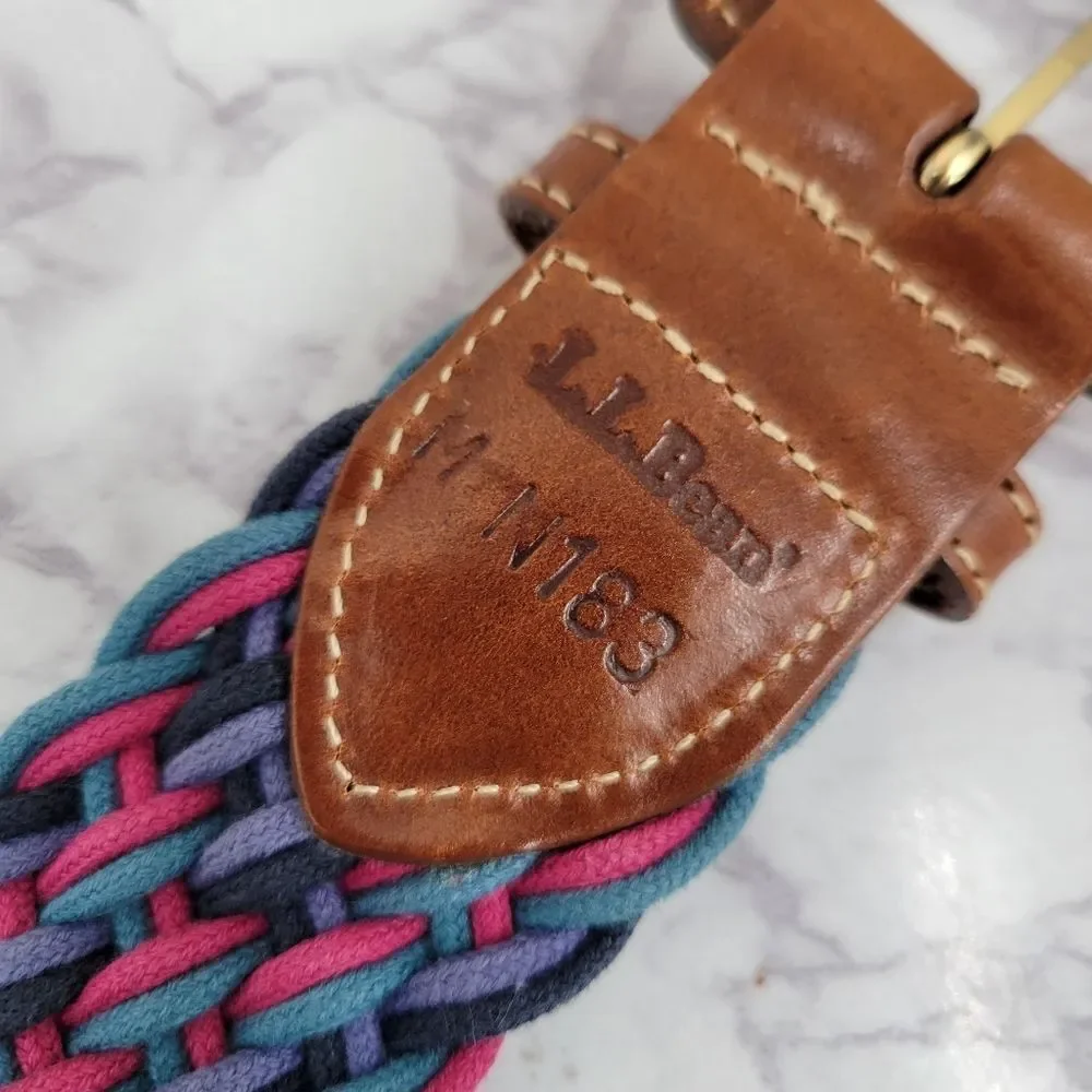 Vintage L.L. Bean Braided Cord Belt Pink Teal Navy Leather Buckle